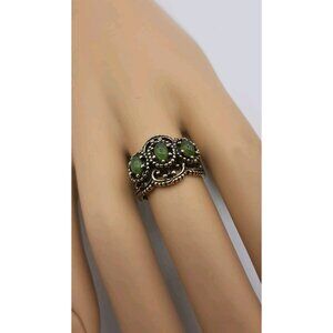 Vintage Gold Plated Marcasite with 3 Jade Stones Ring Size 7 New Old Stock